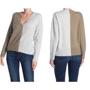 Sweet Romeo Colorblock Vneck Sweater Tan Gray Large Nordstrom NWT